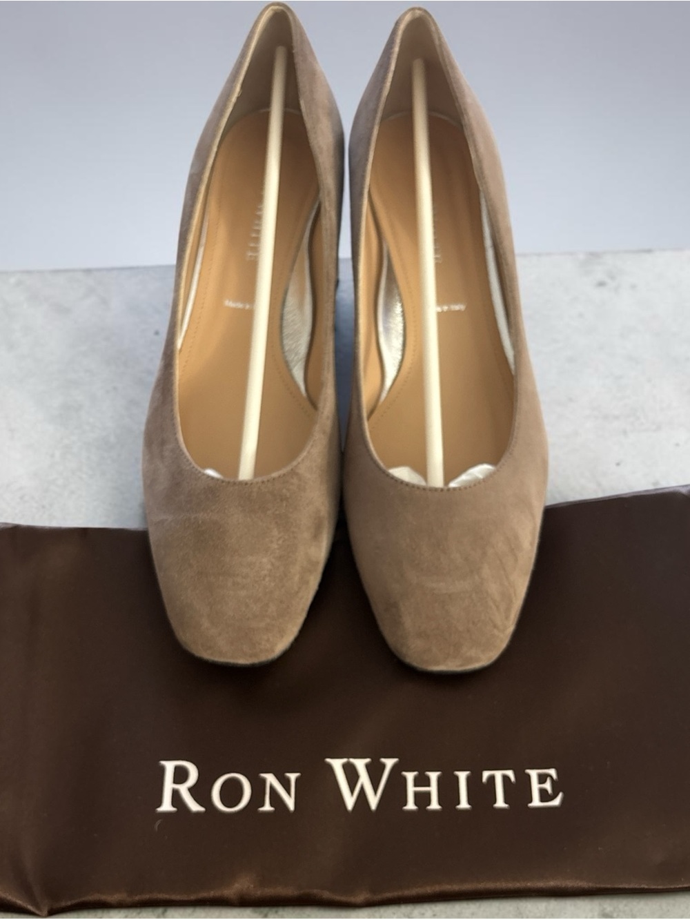 Roe White Suede Square-Toe Ballet Flats in Taupe